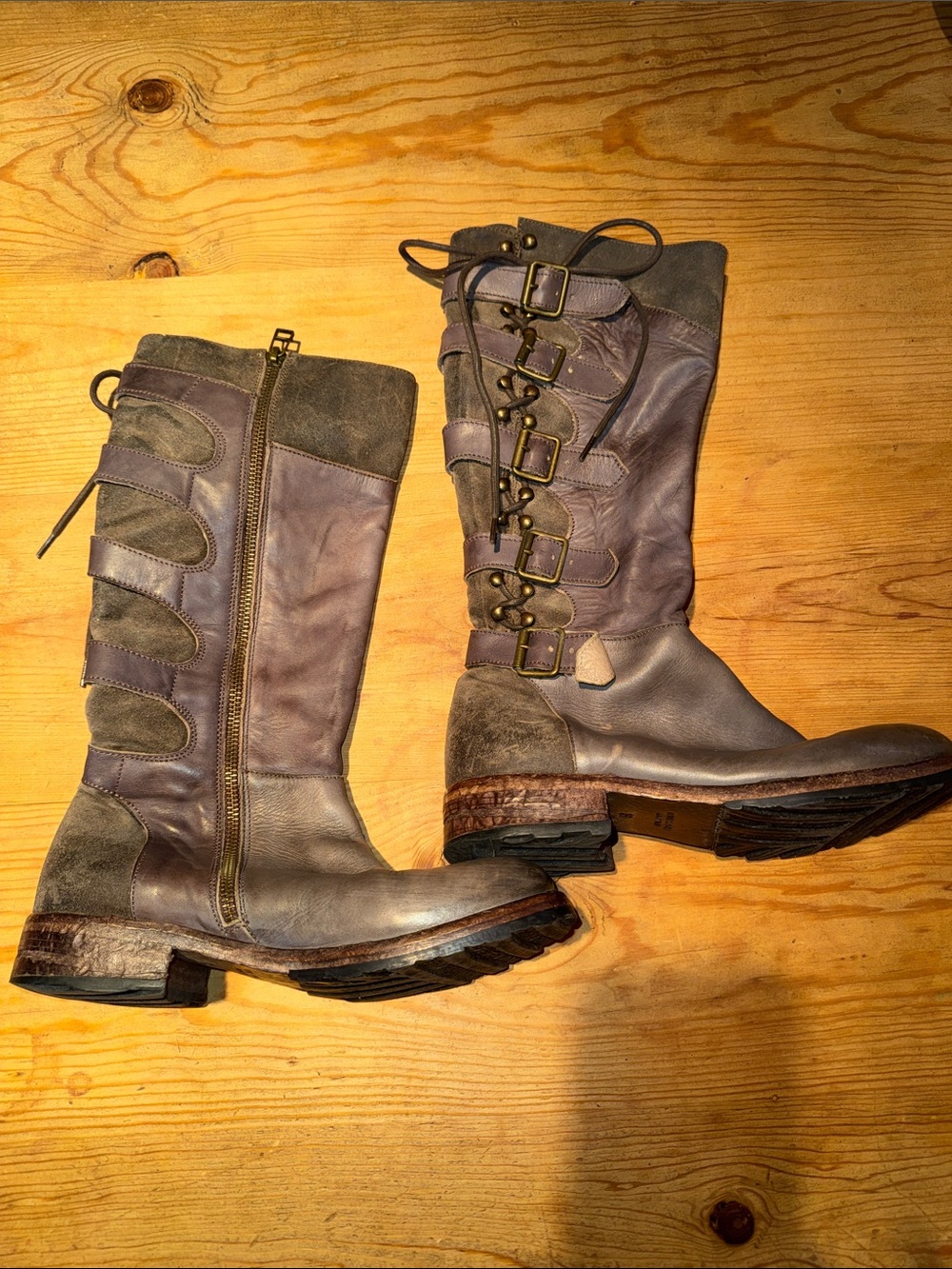 Areaforte Women's Tall Lace-Up and Zip Boots from Italy- Brownish Grey